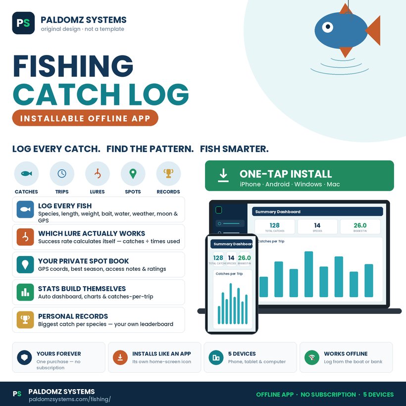Fishing Log App — installable offline catch & trip tracker by Paldomz Systems