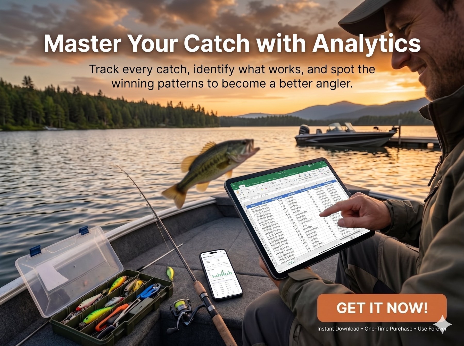 An angler on a boat at sunset reviewing his Excel fishing catch log on a tablet, with tackle box and rod beside him