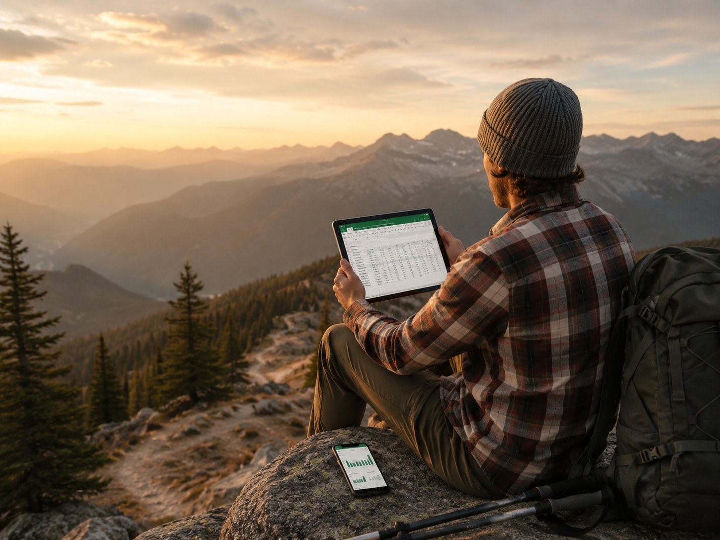 A hiker resting at a mountain summit at sunset, reviewing the Hiking Trail Log spreadsheet on a tablet with a stats dashboard on a phone beside them